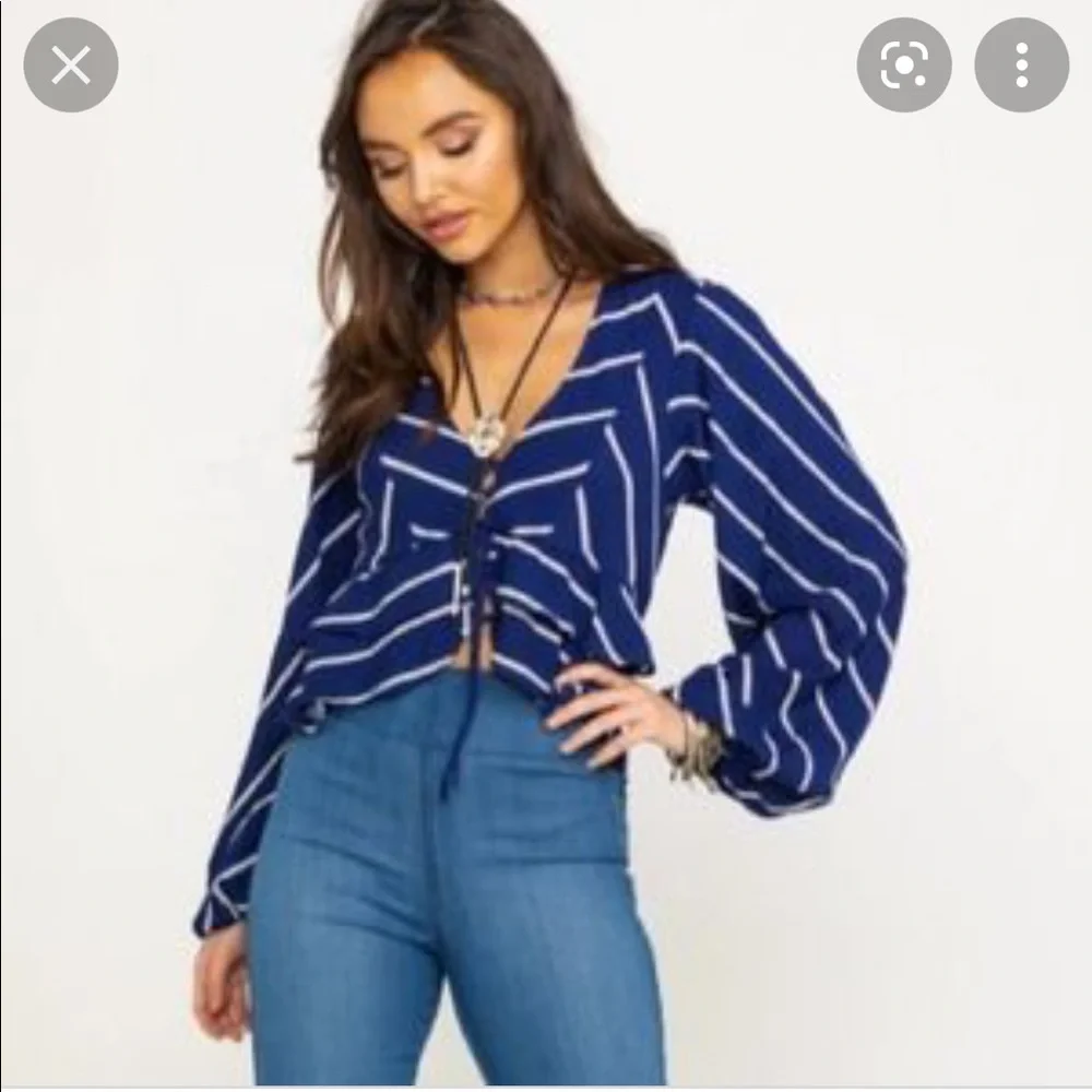 Free People‎ Medium Blue Stripe Samifran Ruffle Tie Front Cropped Top Blouse